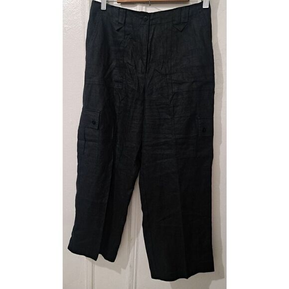 Real Comfort Womens Size 10 Wide Leg 100% Linen Cargo Pant Black LAGENLOOK - Picture 2 of 7